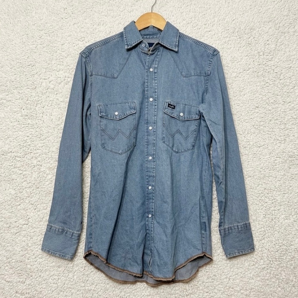 Wrangler Mens Blue Denim Western Pearl Snap Shirt Long Sleeve 70127SW Small